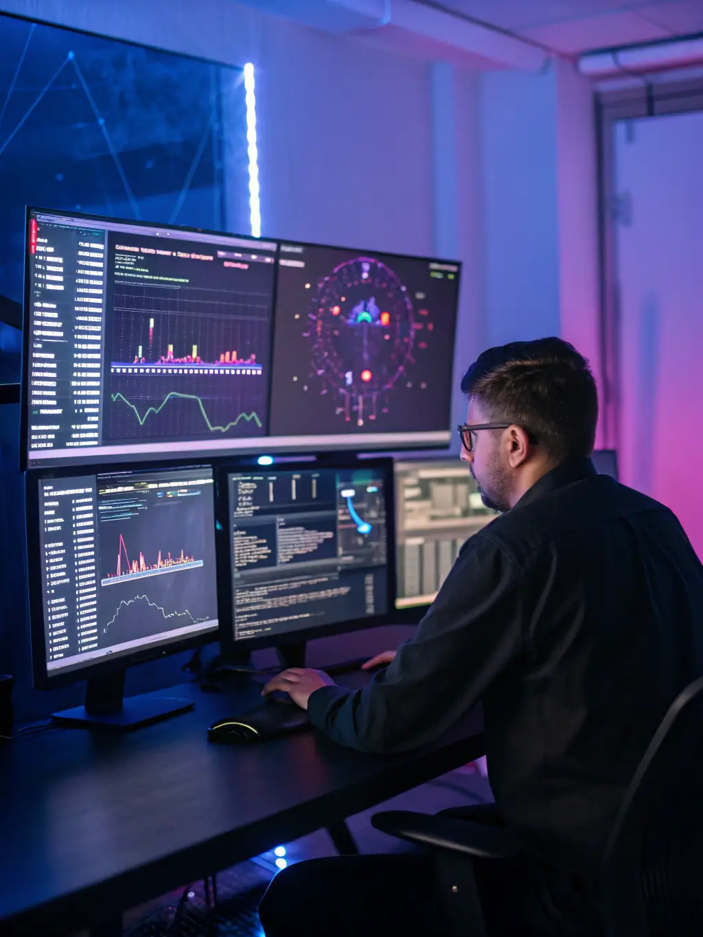 A network security engineer analyzing network traffic on a monitor, identifying potential threats and vulnerabilities.