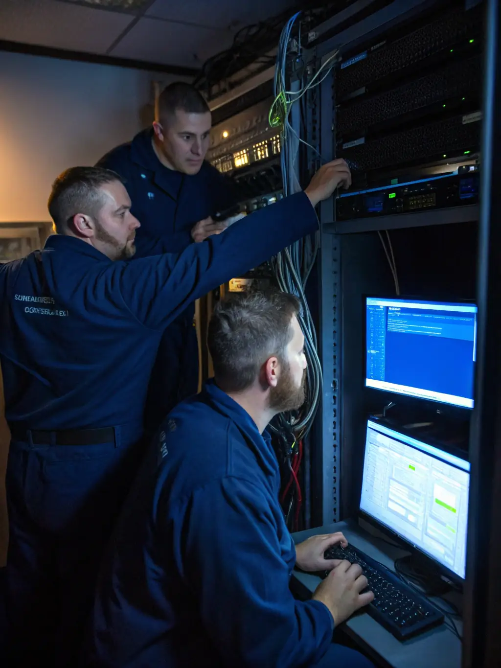 A team of network engineers configuring and maintaining network infrastructure in a data center environment.